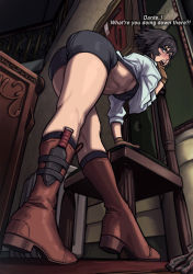 Rule 34 | 1girl, annoyed, ass, bent over, black hair, boots, bra, breasts, capcom, chair, dagger, desk, devil may cry, devil may cry (series), devil may cry 3, english text, from below, gloves, heterochromia, highres, imdsound, knife, lady (devil may cry), looking at viewer, looking down, open mouth, pantylines, short hair, short shorts, shorts, skirt, unworn skirt, solo, thighs, toned, underboob, underwear, weapon