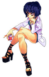 Rule 34 | 10s, 1girl, arm support, bare legs, blue hair, boots, breasts, cleavage, collar, dress, high heels, holding, jewelry, lab coat, long sleeves, looking at viewer, medicine, medium breasts, necklace, persona, persona 5, platform boots, platform footwear, platform heels, rafchu, red eyes, simple background, sitting, smirk, solo, source request, spiked collar, spikes, tagme, takemi tae, toes, white theme