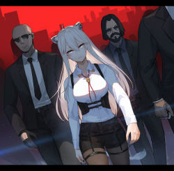 Rule 34 | 1girl, 3boys, absurdres, animal ears, black pantyhose, black shorts, bolo tie, chest harness, collared shirt, dress shirt, dutch angle, ear piercing, grey eyes, grey hair, hair down, harness, highres, hololive, ina (inadiary), john wick, john wick (character), letterboxed, lion ears, lion girl, lion tail, long hair, long sleeves, multiple boys, official alternate costume, pantyhose, piercing, shirt, shishiro botan, shishiro botan (button-down), shorts, solo focus, straight hair, tail, underbust, virtual youtuber, white shirt