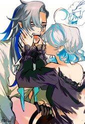 Rule 34 | 1boy, 1girl, ackrose, ahoge, black gloves, blue hair, blue nails, cowboy shot, fangs, fingernails, furina (genshin impact), genshin impact, gloves, hand on another&#039;s face, hand on another&#039;s leg, highres, light blue hair, long hair, multicolored hair, nail polish, neuvillette (genshin impact), open mouth, pointy ears, purple eyes, shirt, short hair, simple background, streaked hair, thought bubble, two-tone hair, upper body, white background, white hair, white shirt