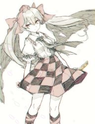 Rule 34 | 1girl, bird wings, black bow, black legwear, black neckerchief, black skirt, black wings, bow, checkered clothes, checkered skirt, collar, collared shirt, commentary, expressionless, frilled collar, frills, hair bow, hat, highres, himekaidou hatate, holding, holding phone, leg ribbon, long hair, multicolored clothes, multicolored skirt, neckerchief, one-hour drawing challenge, phone, pointy ears, puffy short sleeves, puffy sleeves, red bow, red hat, red ribbon, red skirt, ribbon, sakuratsuki, shirt, short sleeves, skirt, solo, tokin hat, touhou, twintails, white shirt, wings, yellow eyes