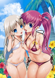 Rule 34 | 2girls, absurdres, adjusting hair, age difference, arm garter, bare shoulders, bat hair ornament, beach, bikini, blue eyes, blush, bow, breasts, cheek-to-cheek, cleavage, cloud, commentary request, cowboy shot, day, eating, flat chest, flower, food, groin, hair bobbles, hair ornament, hairclip, halterneck, heads together, hibiscus, highres, hug, jpeg artifacts, kiya shii, large breasts, licking, little busters!, long hair, looking at viewer, lowleg, lowleg bikini, multiple girls, navel, noumi kudryavka, o-ring, o-ring bikini, o-ring top, ocean, outdoors, palm tree, parted bangs, popsicle, purple hair, saigusa haruka, sexually suggestive, shared food, side-tie bikini bottom, side ponytail, sideboob, silver hair, sky, smile, standing, string bikini, striped bikini, striped clothes, swimsuit, teamwork, tongue, tongue out, tree, very long hair, water, wet, white bikini, wide hips, wristband