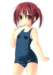 Rule 34 | 1girl, absurdres, brown eyes, brown hair, child, eating, food, highres, holding, looking at viewer, natsuka (unagi-unagi-unagi), one-piece swimsuit, original, popsicle, school swimsuit, simple background, solo, swimsuit, twintails, white background