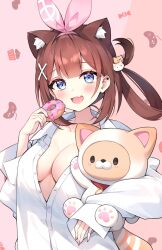 Rule 34 | 1girl, animal ear fluff, animal ears, ayamy, ayamy (vtuber), blue eyes, breasts, brown hair, cat ears, cleavage, collared shirt, doughnut, fang, food, hair ornament, hair rings, highres, holding, holding food, indie virtual youtuber, long hair, long sleeves, looking at viewer, medium breasts, open mouth, partially unbuttoned, red panda, shirt, sleeves past wrists, smile, solo, twitter suki, upper body, virtual youtuber, white shirt, x hair ornament