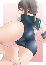 Rule 34 | 1girl, ass, back, black eyes, black hair, blue one-piece swimsuit, blue sailor collar, blush, fubuki (kancolle), highres, kantai collection, looking back, low ponytail, old school swimsuit, one-piece swimsuit, pink background, ponytail, sailor collar, sakieko, school swimsuit, school uniform, serafuku, shirt, short ponytail, short sleeves, sweatdrop, swimsuit, swimsuit under clothes, white background, white shirt