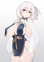 Rule 34 | 1girl, :o, azur lane, bad id, bad pixiv id, bare hips, blush, braid, breasts, cleavage, cowboy shot, garter straps, gloves, gradient background, hands on own chest, highres, huge breasts, open mouth, red eyes, revealing clothes, see-through, short hair, silver hair, sirius (azur lane), sirius (azure horizons) (azur lane), skindentation, solo, thighhighs, unimon e, white background, white gloves, white thighhighs