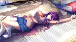 Rule 34 | 1girl, arm up, artist name, blue skirt, book, book stack, breasts, brown jacket, commentary, doki doki literature club, english commentary, english text, hair between eyes, hair spread out, hand on own stomach, highres, jacket, kneehighs, large breasts, long hair, looking at viewer, lying, neck ribbon, no shoes, on back, open book, parted lips, pleated skirt, purple eyes, purple hair, red ribbon, ribbon, school uniform, skirt, socks, solo, takuyarawr, very long hair, white socks, yuri (doki doki literature club)
