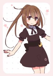 Rule 34 | alternate costume, brown hair, crescent, crescent pin, dress, enmaided, floral background, flower (symbol), fumizuki (kancolle), kantai collection, long hair, maid, solo, very long hair, yoru nai