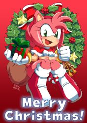 Rule 34 | 1girl, 2016, amy rose, ass, blush, boots, breasts, christmas, coolblue, furry, furry female, gift, gloves, green eyes, happy, headband, nude, object insertion, open mouth, pink hair, pussy juice, sega, short hair, signature, solo, sonic (series), text focus, vaginal, vaginal object insertion