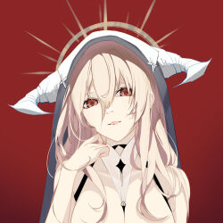 Rule 34 | 1girl, absurdres, azur lane, bare shoulders, black veil, blonde hair, breasts, cleavage, fake horns, hair between eyes, halo, hand on own cheek, hand on own face, head tilt, highres, horns, huangmao, implacable (azur lane), large breasts, long hair, looking at viewer, parted lips, portrait, red background, red eyes, sidelocks, simple background, solo, straight-on, tongue, tongue out, veil