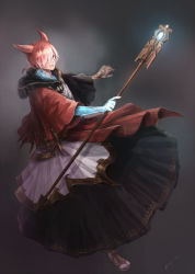 Rule 34 | 1boy, animal ears, cat ears, commentary, crystal, crystal exarch, final fantasy, final fantasy xiv, full body, g&#039;raha tia, g'raha tia, grey background, hair over one eye, highres, holding, holding staff, hood, hood down, kazunokabeff, looking to the side, male focus, material growth, miqo&#039;te, one eye covered, outstretched arms, red eyes, red hair, sandals, short hair, short ponytail, signature, solo, staff, swept bangs, tail