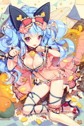 Rule 34 | 1girl, :p, babydoll, bad id, bad pixiv id, bell, blue hair, bow, breasts, cherrypin, choker, cleavage, hair bow, high heels, jingle bell, large breasts, leg ribbon, linus falco, long hair, looking at viewer, original, panties, pillow, pink eyes, ponytail, ribbon, see-through, single thighhigh, smile, solo, sword girls, thighhighs, tongue, tongue out, underwear, underwear only, white thighhighs, wrist cuffs