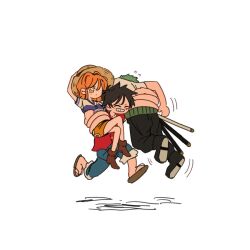 Rule 34 | 1girl, 2boys, carrying, carrying multiple people, carrying person, facial scar, feet out of frame, flying sweatdrops, green hair, haramaki, hat, monkey d. luffy, multiple boys, nami (one piece), one piece, orange hair, roronoa zoro, running, scar, scar on cheek, scar on face, short hair, sideburns, simple background, simplebeam, smile, straw hat, sword, triple wielding, weapon, white background
