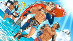 Rule 34 | abs, armband, bara, beach, black hair, blue eyes, child, cloud, cloudy sky, day, drawtwo, closed eyes, facial hair, fingerless gloves, fish, fishing, fishing hook, gem, gloves, goggles, goggles around neck, goggles on head, gyee, headband, highres, jewelry, knee pads, knife, leather, leather belt, long hair, long sleeves, looking to the side, male focus, manly, mature male, multiple boys, muscular, muscular male, navel, necklace, net, nipples, no shirt, ocean, official art, outdoors, pectorals, polearm, ponytail, sandals, shirou (gyee), short hair, shorts, sky, spiked hair, stubble, thick eyebrows, tooth necklace, trident, weapon, wet, wet clothes