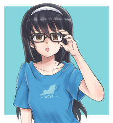 Rule 34 | 1girl, adjusting eyewear, aqua background, bespectacled, black-framed eyewear, black hair, blouse, blue shirt, brown eyes, casual, commentary, frown, girls und panzer, glasses, hairband, long hair, looking at viewer, loose clothes, loose shirt, mutsu (layergreen), open mouth, outside border, print shirt, reizei mako, shirt, short sleeves, solo, t-shirt, upper body, white hairband