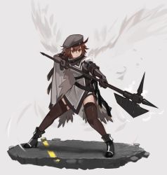 Rule 34 | 1girl, :&lt;, ahoge, arknights, armband, beret, black footwear, black gloves, black thighhighs, boots, brown hair, cape, commentary, elbow gloves, english commentary, feathers, fighting stance, garter straps, gloves, grey cape, grey hat, grey tunic, hair between eyes, halberd, hat, holding, holding polearm, holding weapon, infection monitor (arknights), paintrfiend, plume (arknights), polearm, short hair, solo, thighhighs, v-shaped eyebrows, weapon