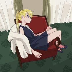 Rule 34 | 1girl, armchair, black dress, blonde hair, blush stickers, chair, closed eyes, closed mouth, curtains, dress, from side, gishiki (gshk), highres, jacket, kill me baby, long hair, looking at viewer, purple eyes, short dress, sitting, sitting sideways, solo, sonya (kill me baby), twintails, unworn jacket