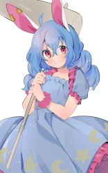 Rule 34 | 1girl, ahoge, akagashi hagane, animal ears, blue dress, blue hair, braid, crescent, dress, earclip, hair between eyes, kine, long hair, looking at viewer, mallet, moon rabbit, one-hour drawing challenge, rabbit ears, red eyes, scrunchie, seiran (touhou), simple background, smile, solo, star (symbol), touhou, white background