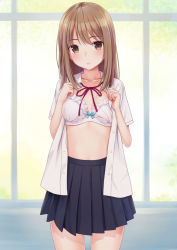 Rule 34 | 1girl, aqua bow, blue skirt, blush, bow, bow bra, bra, breasts, brown eyes, brown hair, collarbone, collared shirt, cowboy shot, dress shirt, frilled bra, frills, long hair, looking at viewer, n.g., open clothes, open shirt, original, parted lips, pleated skirt, red ribbon, ribbon, shirt, skirt, small breasts, solo, stomach, unbuttoned, unbuttoned shirt, underwear, white bra, white shirt