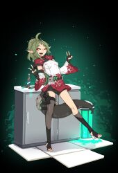 Rule 34 | 1girl, absurdres, ahoge, alcohol, asymmetrical legwear, beer, belt, breasts, cabinet, chinese clothes, counter, detached sleeves, double v, fangs, female focus, fingerless gloves, full body, gloves, green hair, gun, handgun, high heel sandals, high heels, highres, holster, holstered, kyva yamaito (shuuko), leg up, legs apart, looking at viewer, one eye closed, open mouth, original, pointy ears, ponytail, puddle, red eyes, short shorts, shorts, shuuko (s h uuko), small breasts, snake tail, solo, spill, standing, standing on one leg, tail, teeth, thigh holster, thigh strap, thighhighs, toeless footwear, toes, upper teeth only, utility belt, v, weapon