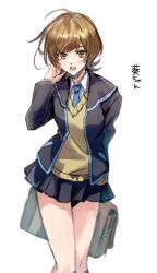Rule 34 | 1girl, adjusting hair, bare legs, black jacket, black skirt, blue necktie, brown eyes, brown hair, carrying bag, character request, collared shirt, copyright request, feet out of frame, highres, jacket, leaning forward, medium hair, miniskirt, necktie, open mouth, school uniform, shikiruru, shirt, skirt, solo, translation request, vest, white shirt, yellow vest, yu-gi-oh!, yu-gi-oh! vrains