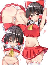 Rule 34 | 1girl, armpits, arms up, ascot, ass, bare shoulders, bikini, black hair, blush, bow, breasts, brown eyes, commentary request, detached sleeves, hair bow, hair tubes, hakurei reimu, heart, heart-shaped pupils, highres, looking at viewer, medium hair, multiple views, navel, nontraditional miko, panties, pantyshot, red shirt, ribbon-trimmed sleeves, ribbon trim, sabana, shiny skin, shirt, sleeveless, sleeveless shirt, smile, swimsuit, symbol-shaped pupils, touhou, underwear, white legwear, wide sleeves, yellow ascot