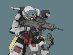 Rule 34 | aiming, aqua eyes, blue background, extra arms, greyscale, gun, gundam, highres, holding, holding gun, holding weapon, lineart, magazine (weapon), mecha kaku man, mobile suit, monochrome, no humans, rx-78-2, simple background, solo, v-fin, weapon