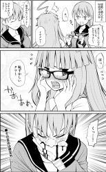Rule 34 | 2girls, adjusting eyewear, ahoge, bespectacled, blood, blood from mouth, blush, breasts, closed eyes, comic, commentary request, covering own mouth, fang, glasses, greyscale, highres, hikawa79, kantai collection, kuma (kancolle), long hair, long sleeves, monochrome, multiple girls, neckerchief, ooi (kancolle), open mouth, school uniform, serafuku, short sleeves, sidelocks, spoken sweatdrop, surprised, sweatdrop, translation request