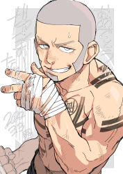 Rule 34 | 1boy, abs, bara, beard, buzz cut, commentary request, facial hair, goatee, golden kamuy, grey hair, highres, large pectorals, long sideburns, male focus, mature male, muscular, muscular male, navel, nipples, onnomono, pectorals, shiraishi yoshitake, short hair, sideburns, smile, solo, stomach, topless male, very short hair