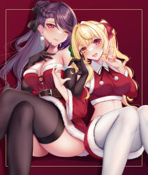 Rule 34 | 2girls, absurdres, bare shoulders, black gloves, blonde hair, blue nails, breasts, crossed legs, earrings, elbow gloves, gloves, gundou mirei, hair ornament, heterochromia, highres, hoshikawa sara, jewelry, large breasts, long hair, looking at viewer, multiple girls, nail polish, nijisanji, one eye closed, open mouth, pantyhose, parted lips, purple eyes, purple hair, purple thighhighs, rai (newtype xm-x1), red background, side ponytail, simple background, sitting, smile, thighhighs, thighs, virtual youtuber, white pantyhose, yellow eyes