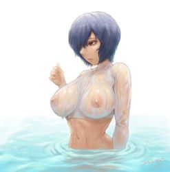 Rule 34 | 1girl, alternate breast size, ayanami rei, blue hair, breasts, crop top, hair over one eye, highres, large breasts, navel, neon genesis evangelion, nipples, parted lips, red eyes, see-through, short hair, solo, water, wet, wet clothes, yamisouls