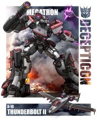 Rule 34 | a-10 thunderbolt ii, arm cannon, attack aircraft, autocannon, ball and chain (weapon), cannon, canopy (aircraft), character name, clenched hand, close air support, decepticon, destruction, fire, gatling gun, gau-8 avenger, insignia, kamitoge supino, looking up, mecha, megatron, multiple-barrel firearm, no humans, red eyes, redesign, robot, rotary cannon, transformers, weapon