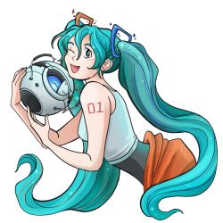 Rule 34 | 1girl, 1other, ;d, aqua hair, arm tattoo, bee rosmyth, blue eyes, blush, chell, chell (cosplay), commentary, cosplay, english commentary, hatsune miku, highres, leaning forward, long hair, one eye closed, open mouth, portal, portal (series), portal 2, robot, shirt, smile, sparkle, tattoo, twintails, very long hair, vocaloid, wheatley, white shirt