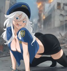 Rule 34 | 1girl, ass, bent over, blue eyes, breasts, cleavage, colorized, eden&#039;s zero, gaston18, hat, highres, large breasts, long hair, mashima hiro, naughty face, police, police uniform, seductive smile, sister ivry, smile, solo, tongue, tongue out, uniform, white hair