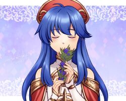 1girl bare_shoulders blue_hair closed_eyes closed_mouth dated dress fire_emblem fire_emblem:_the_binding_blade fire_emblem_heroes flower fukukichi2529 hat holding holding_flower lilina_(fire_emblem) lilina_(firelight_leader)_(fire_emblem) long_hair nintendo red_hat sidelocks smile solo twitter_username upper_body white_dress