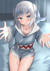 Rule 34 | 1girl, blue eyes, blue hoodie, blurry, depth of field, fins, fish tail, gawr gura, gawr gura (1st costume), hair ornament, highres, hololive, hololive english, hood, hoodie, long sleeves, looking at viewer, medium hair, multicolored hair, no pants, outstretched arms, reinama, shark tail, silver hair, sitting, solo, tail, thighs, two-tone hair, two side up, virtual youtuber
