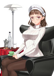 Rule 34 | 10s, 1girl, alcohol, bialetti, bottle, breasts, brown eyes, brown hair, chair, closed mouth, coffee cup, coffee maker, cup, disposable cup, eyewear strap, glasses, grappa, hobenkei, italian flag, kantai collection, l&#039;omino coi baffi, lamp, large breasts, legs, long sleeves, looking at viewer, matching hair/eyes, miniskirt, pantyhose, pince-nez, pleated skirt, ribbed sweater, roma (kancolle), saucer, short hair, simple background, sitting, skirt, sleeves past wrists, solo, sugar bowl, sweater, thighs, turtleneck, wavy hair, white background, white sweater