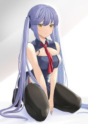 Rule 34 | 1girl, absurdres, azur lane, bare shoulders, between legs, black pantyhose, black ribbon, blue dress, blue hair, breasts, brown eyes, cleavage, collared dress, dress, essex (azur lane), gradient background, halter dress, halterneck, highres, large breasts, long hair, looking at viewer, necktie, pantyhose, red necktie, rhz4n9iod9qxqvs, ribbon, sitting, sleeveless, sleeveless dress, smile, solo, thighs, twintails, wariza, white background
