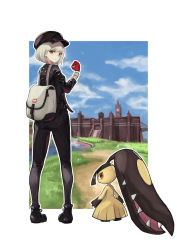 Rule 34 | 1girl, ankle boots, backpack, bag, black footwear, black headwear, black pants, blue sky, boots, bracelet, closed mouth, cloud, creatures (company), day, game freak, gen 3 pokemon, gloria (pokemon), gloves, grass, hand up, hat, highres, holding, holding poke ball, jewelry, legs apart, long sleeves, looking at viewer, looking back, mawile, nintendo, orange eyes, outline, pants, poke ball, poke ball (basic), pokemon, pokemon (creature), pokemon swsh, red gloves, short hair, silver hair, sky, stairs, standing, suru (seiya), white outline