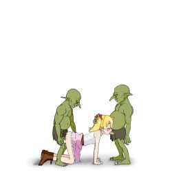 Rule 34 | 1girl, 2boys, all fours, animated, animated gif, blonde hair, blush, breasts, censored, clothes lift, cum, cum in pussy, cum on body, cum on clothes, cum on hair, doggystyle, eruna to fushigi na doukutsu, closed eyes, facial, fellatio, goblin, hand on head, monster, multiple boys, oral, penis, sex, sex from behind, skirt, skirt lift, small breasts, spitroast, twintails, vaginal