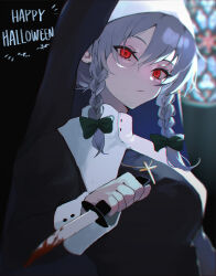 Rule 34 | 1girl, absurdres, black dress, blood, bloody knife, blue hair, bow, church, dress, english text, green bow, hair bow, happy halloween, highres, holding, holding knife, hood, hood up, izayoi sakuya, kani nyan, knife, looking at viewer, nun, red eyes, solo, stained glass, touhou, twintails