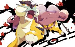 Rule 34 | claws, commentary request, creatures (company), fangs, game freak, gen 2 pokemon, highres, kura (shironagasu02), legendary pokemon, looking to the side, nintendo, no humans, open mouth, poke ball symbol, pokemon, pokemon (creature), raikou, red eyes, solo, tongue, tusks, white background