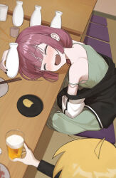 Rule 34 | 1girl, absurdres, alcohol, beer, bocchi the rock!, closed eyes, dress, drunk, earrings, fang, green dress, head on table, head out of frame, highres, hiroi kikuri, ijichi seika, jacket, jacket partially removed, jewelry, klakmon, long hair, nail polish, open mouth, purple hair, sitting, tokkuri