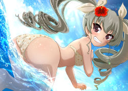 Rule 34 | 1girl, alternate costume, anchovy (girls und panzer), ass, ass focus, barefoot, bikini, blue sky, brown eyes, curvy, drill hair, flower, girls und panzer, green hair, grin, hair flower, hair ornament, hair ribbon, highres, huge ass, lips, long hair, looking at viewer, looking to the side, ocean, parted lips, ribbon, shiina excel, shiny skin, sky, smile, solo, swimsuit, teeth, twin drills, twintails, very long hair, white ribbon