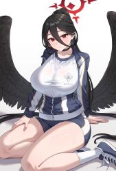 Rule 34 | 1girl, black footwear, black hair, black jacket, black shorts, black wings, blue archive, breasts, closed mouth, collarbone, feathered wings, gym shirt, gym shorts, gym uniform, hair between eyes, halo, hasumi (blue archive), hasumi (track) (blue archive), highres, jacket, kadokadokado, large breasts, long hair, long sleeves, looking at viewer, mole, mole under eye, official alternate costume, partially unbuttoned, red eyes, red halo, shirt, shoes, shorts, simple background, socks, solo, track jacket, very long hair, white background, white shirt, white socks, wings