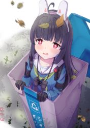 Rule 34 | 1girl, ahoge, animal ears, binoculars, black hair, blue archive, fake animal ears, flashlight, green neckerchief, highres, hitomi13, in container, leaf, leaf on head, long hair, long sleeves, miyu (blue archive), neckerchief, rabbit ears, recycle bin, red eyes, sailor collar, simple background, solo, white background