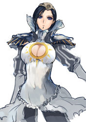 Rule 34 | 1girl, armor, blue eyes, blue hair, breasts, cleavage, cleavage cutout, clothing cutout, covered navel, highres, large breasts, magic: the gathering, matching hair/eyes, pantyhose, parted lips, pauldrons, pupps, short hair, shoulder armor, simple background, sketch, solo, teysa karlov, white background