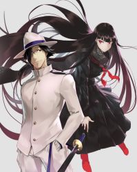 Rule 34 | 1boy, 1girl, absurdly long hair, absurdres, black dress, black hair, black scarf, commentary request, dress, fate/grand order, fate (series), gloves, hair over one eye, hat, highres, katana, long dress, long hair, oryou (fate), red eyes, red footwear, sailor dress, sakamoto ryouma (fate), scabbard, scarf, sheath, sword, very long hair, weapon, white gloves, white hat, yu-hi