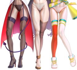 Rule 34 | 3girls, black cape, black thighhighs, cape, contrapposto, demon girl, demon tail, gluteal fold, gold footwear, gold trim, groin, high heels, highres, hololive, hololive english, lab coat, legs, long legs, lower body, megaphone, mori calliope, mori calliope (1st costume), multiple girls, navel, oozora subaru, oozora subaru (1st costume), panties, shiny skin, shirt, shoes, simple background, single thighhigh, skindentation, sneakers, solo, spicyyrum, standing, striped clothes, striped shirt, tail, tail around own leg, thigh gap, thighhighs, thighs, toe cleavage, torn cape, torn clothes, underwear, upskirt, virtual youtuber, wardrobe malfunction, white background, white panties, yuzuki choco, yuzuki choco (1st costume)