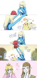 Rule 34 | 3girls, 5koma, arms up, blonde hair, blue bodysuit, blue eyes, blush, bodysuit, brown hair, comic, commentary request, creatures (company), crown, dress, earrings, game freak, gen 1 pokemon, hair between eyes, hand on own cheek, hand on own face, hand to own mouth, high ponytail, highres, jewelry, long hair, looking at another, mario (series), metroid, multiple girls, nintendo, open mouth, pika gororo, pikachu, pink dress, pointy ears, pokemon, pokemon (creature), ponytail, princess peach, princess zelda, samus aran, skin tight, squatting, super smash bros., the legend of zelda, tiara, translation request, zero suit